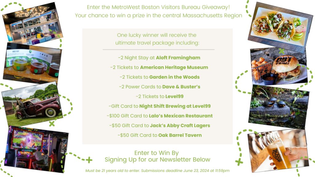 Enter the MetroWest Boston Visitors Bureau Giveaway! Your chance to win a prize in the central Massachusetts Region